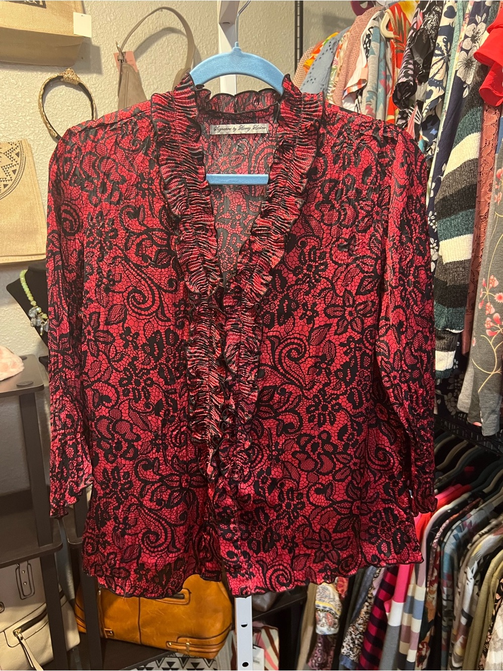 Signature by Larry Levine Red Lace-Print Ruffle V-Neck Blouse